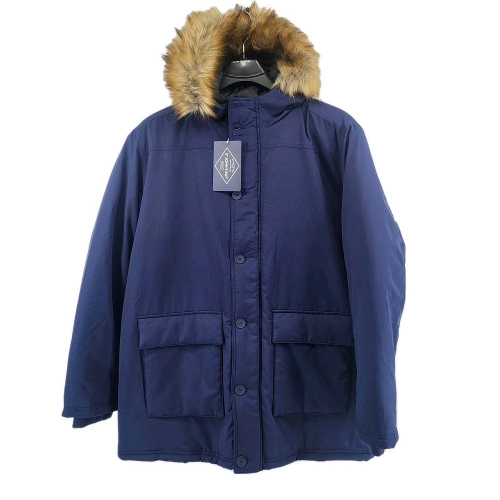 St John's Bay Mens Parka Coat Jacket Faux Fur Hood Water Resistant Navy Blue Med